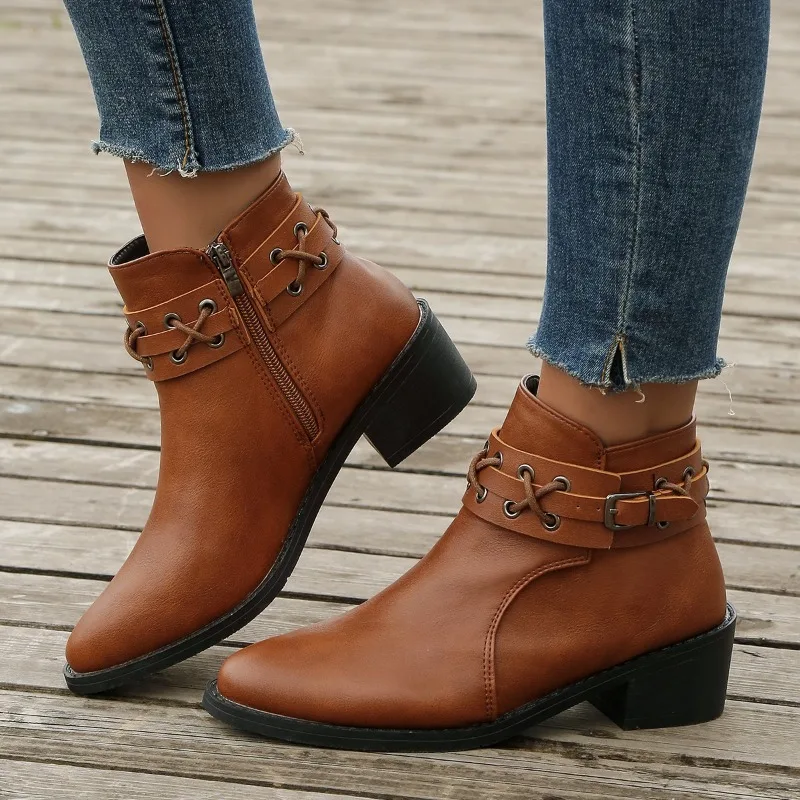 

Ladies Shoes 2023 Hot Sale Side Zipper Women Boots Autumn Rome Round Toe Solid Short Barrel Chunky Heel Large Size Fashion Boots