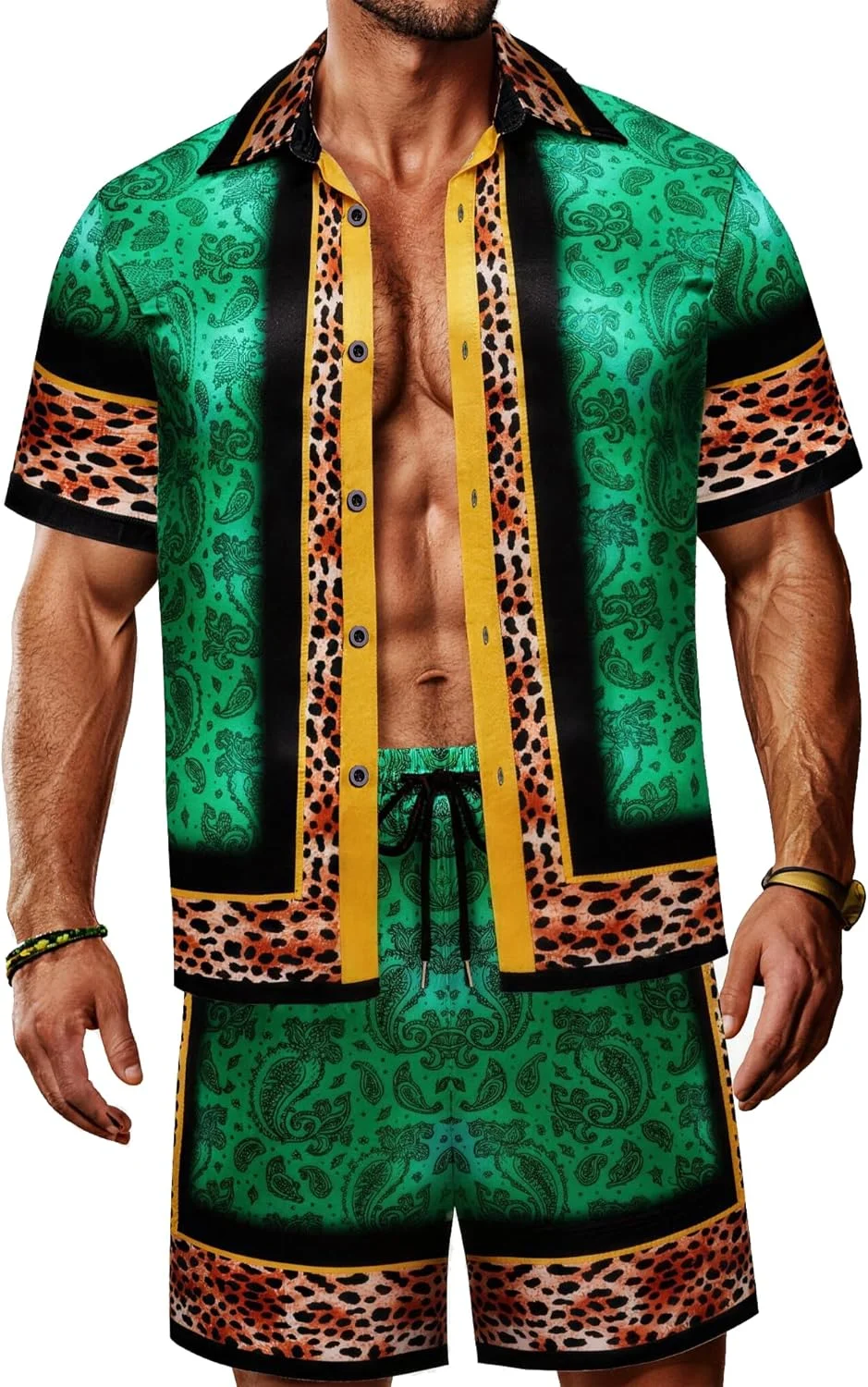 2026 Men's Satin Texture Polyester Fabric Short Sleeve Shorts 2-piece Set Hawaiian Beach Resort Nightclub Performance Clothing