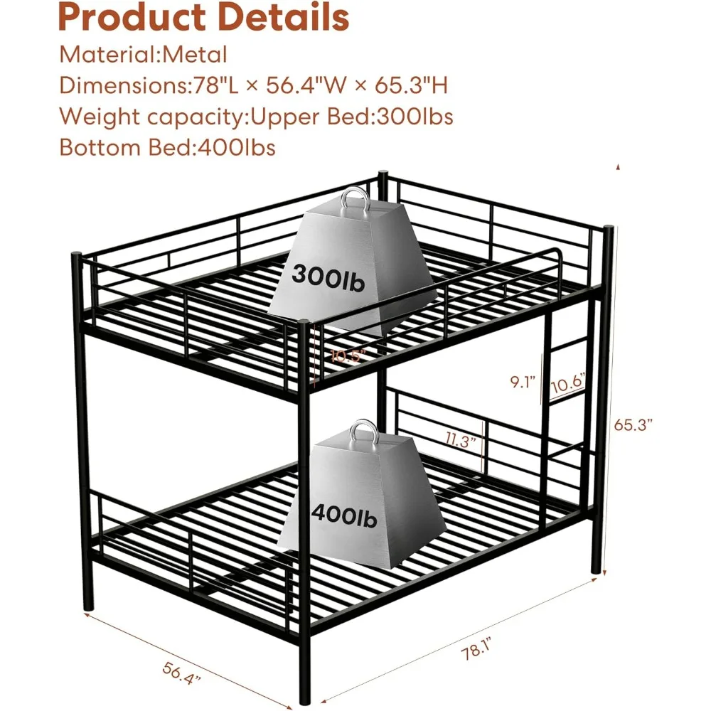 Over Full Metal Bunk Bed for Adults & Kids, Convertible to 2 Separate Full Size Beds, Heavy Duty Bunk Bed Frame with Full-length