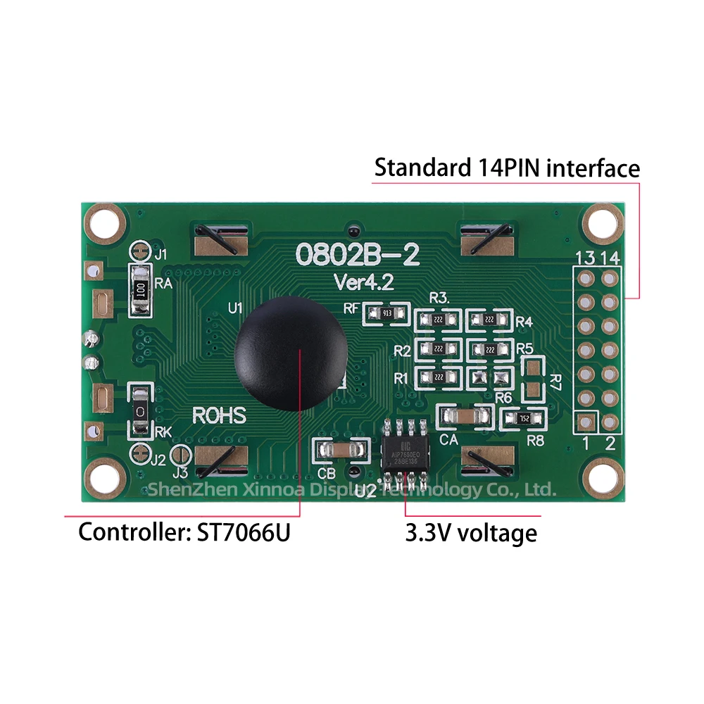 ชิป ST7066U ของแท้โมดูลจอแสดงผล LCD 2*8 58X32X13.5MM 14PIN สีเหลืองสีเขียว0802B-2ยุโรป3.3V หน้าจอ LCD ตัวอักษร