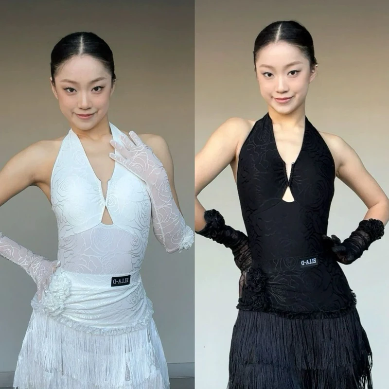 Abito da ballo latino da donna Abito da donna con frange bianche nere Top con scollo all'americana Gonna Guanti Set Costume da competizione latino