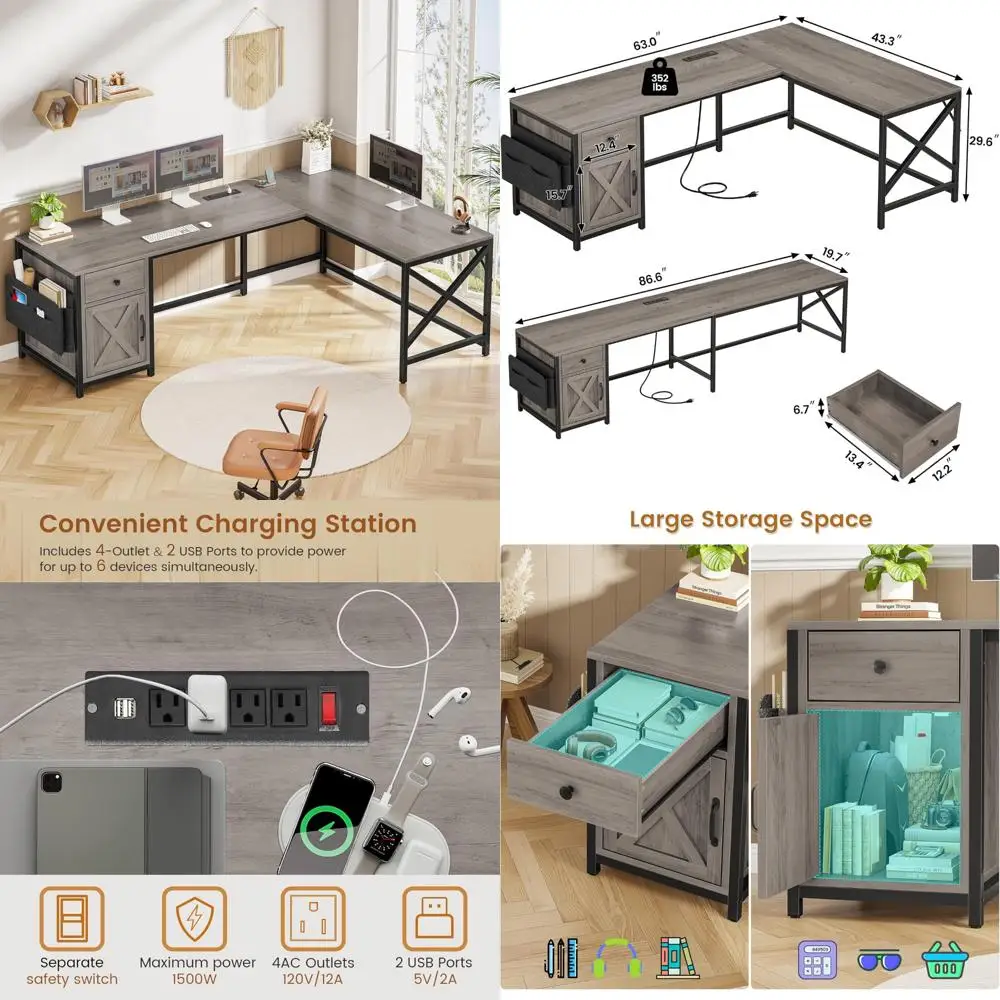 مكتب على شكل حرف L مقاس 63 بوصة على طراز المزرعة مع درج ومخرج طاقة وخزانة تخزين لإعداد مكتب الزاوية