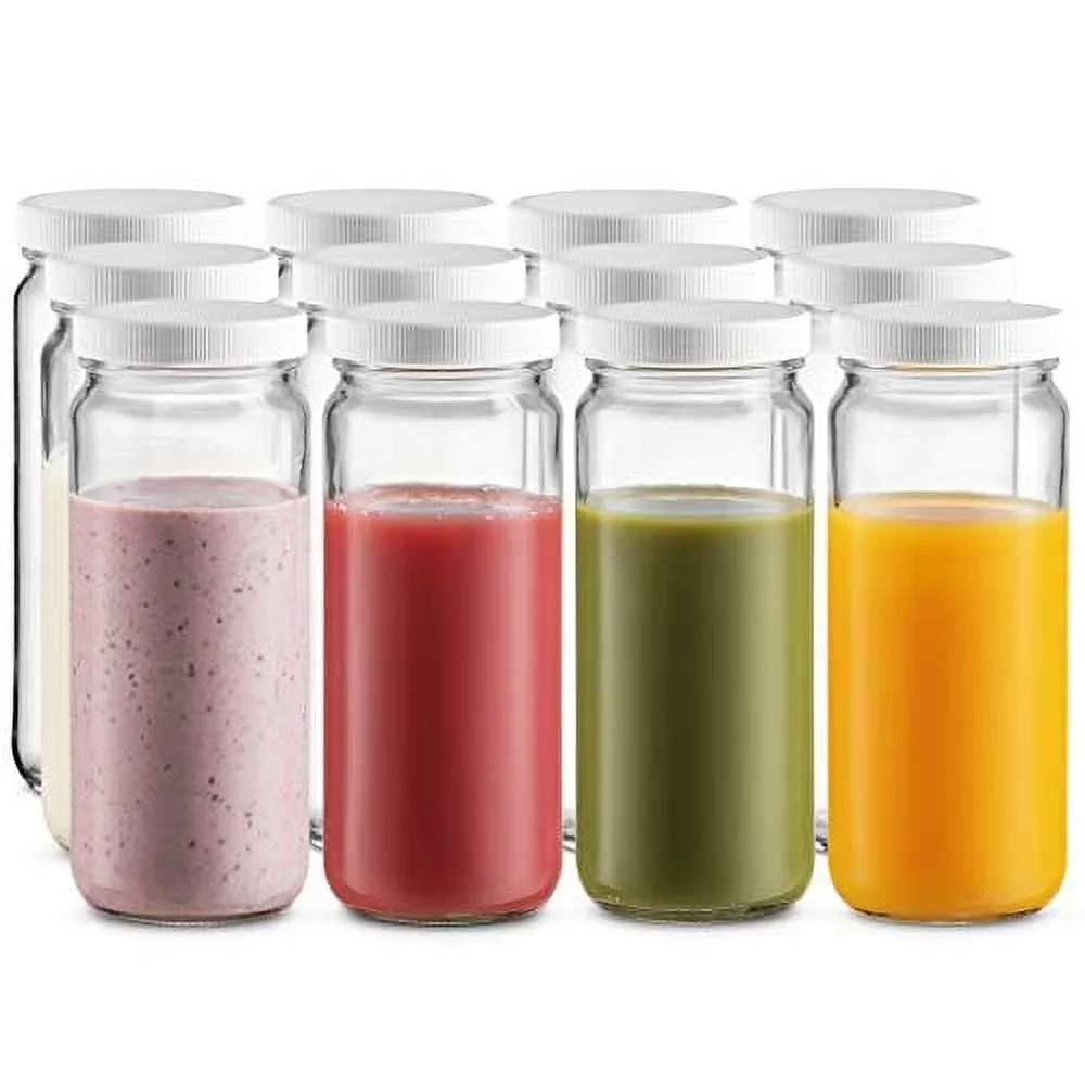 Paquete de 12 botellas de vidrio de 16oz con tapas herméticas para exprimir batidos, batidos de proteínas, almacenamiento ecológico para viajes, gimnasio y escuela