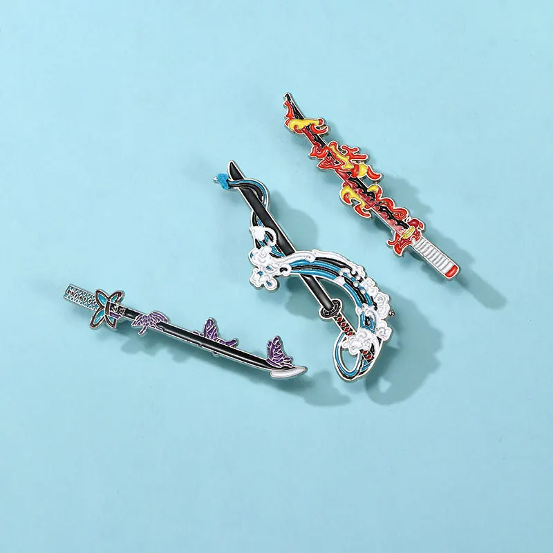 4Pcs Anime Katana Series Pins Set Pretty Sea Wave Fire Butterfly Snake Around Nichirin Sword Enamel Brooches