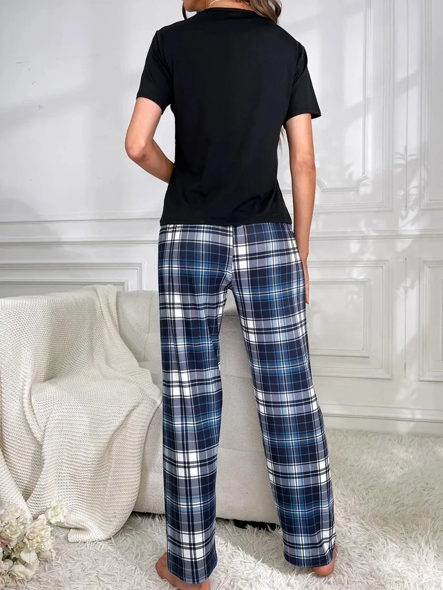 Women\'s new style pajamas Black short-sleeved letter top plaid pants casual elegant two-piece style