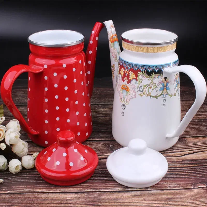 New Ethnic Style Enamel Milk Tea Pot Kettle Oil Pot  Tea Cooling Kettle Kitchen Supplies Hot AndCoolKettle