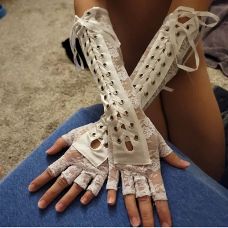 Women Sexy Floral Lace Length Half-Finger Gloves Goth Lolita String Ribbon Ties Up Dance Party Fingerless Fishnet Mesh Mittens