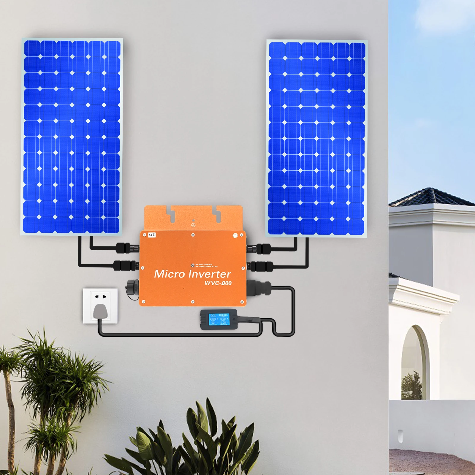 800 W Solar-Wechselrichter mit LCD-Display, Gold, EU-Stecker 22–50 VDC, 120 V/230 V AC – 40–60 ℃