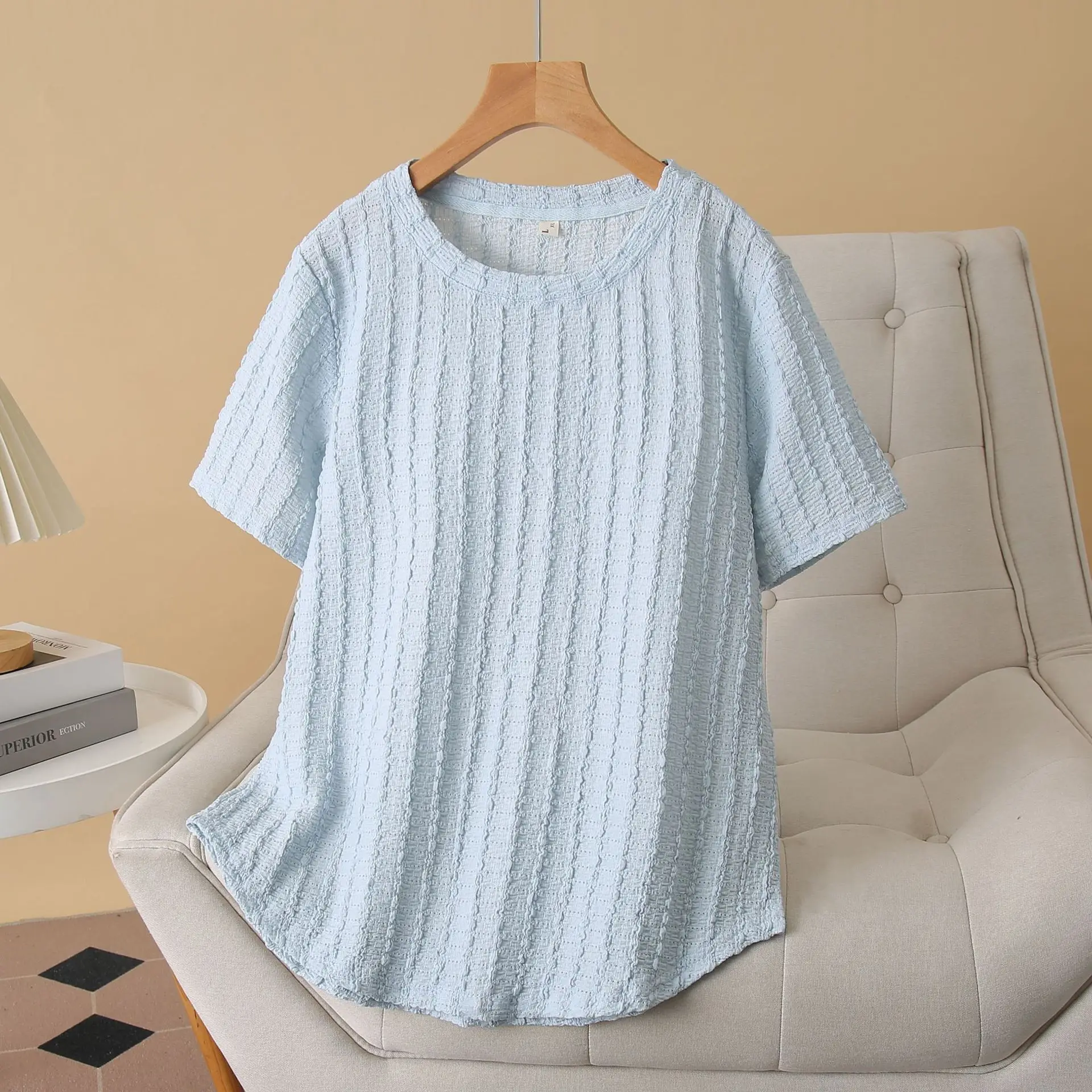 

Новый летний топ, 100 кг, текстурированные футболки с круглым вырезом и короткими рукавами, женская футболка больших размеров 8020