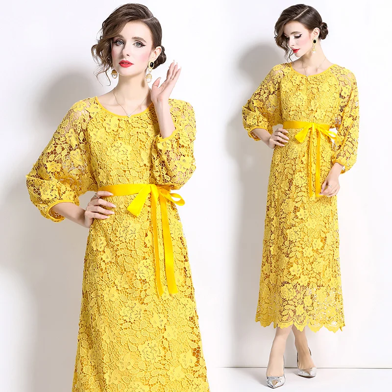 Temperamento a maniche lunghe girocollo vita stretta dimagrante abito in pizzo a trapezio cavo elegante gonna lunga altalena AZ 6956075