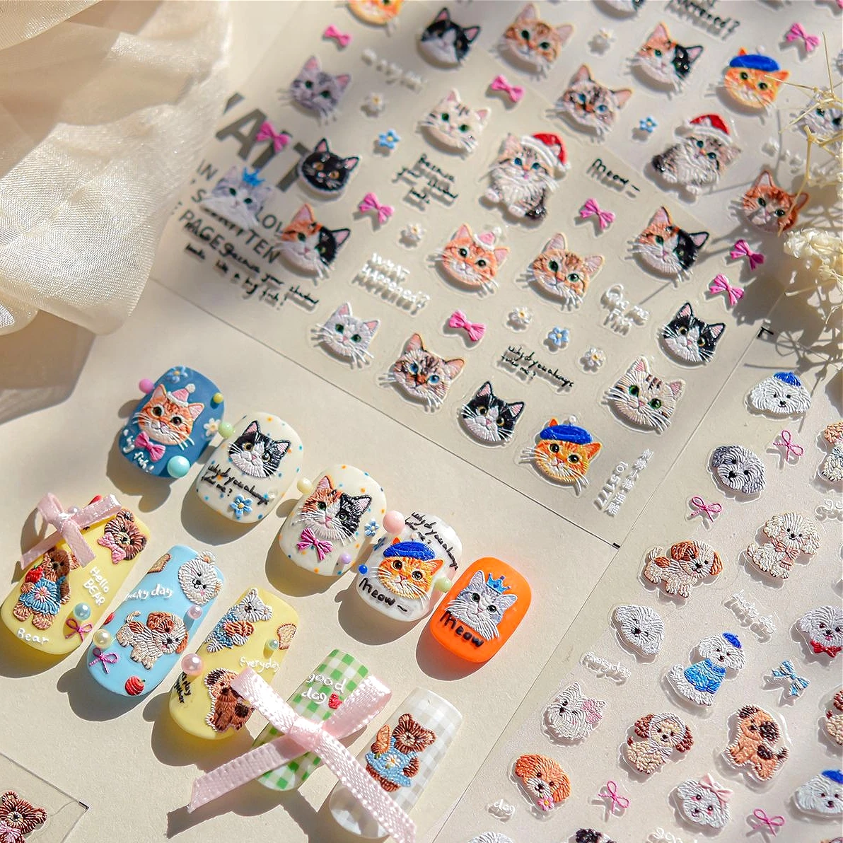 

Embroidery Lovely Cat dog bear apple bread bowknot flwoer crown Kitten hat daisy Baguette food Nail Art Stickers Manicure Decals