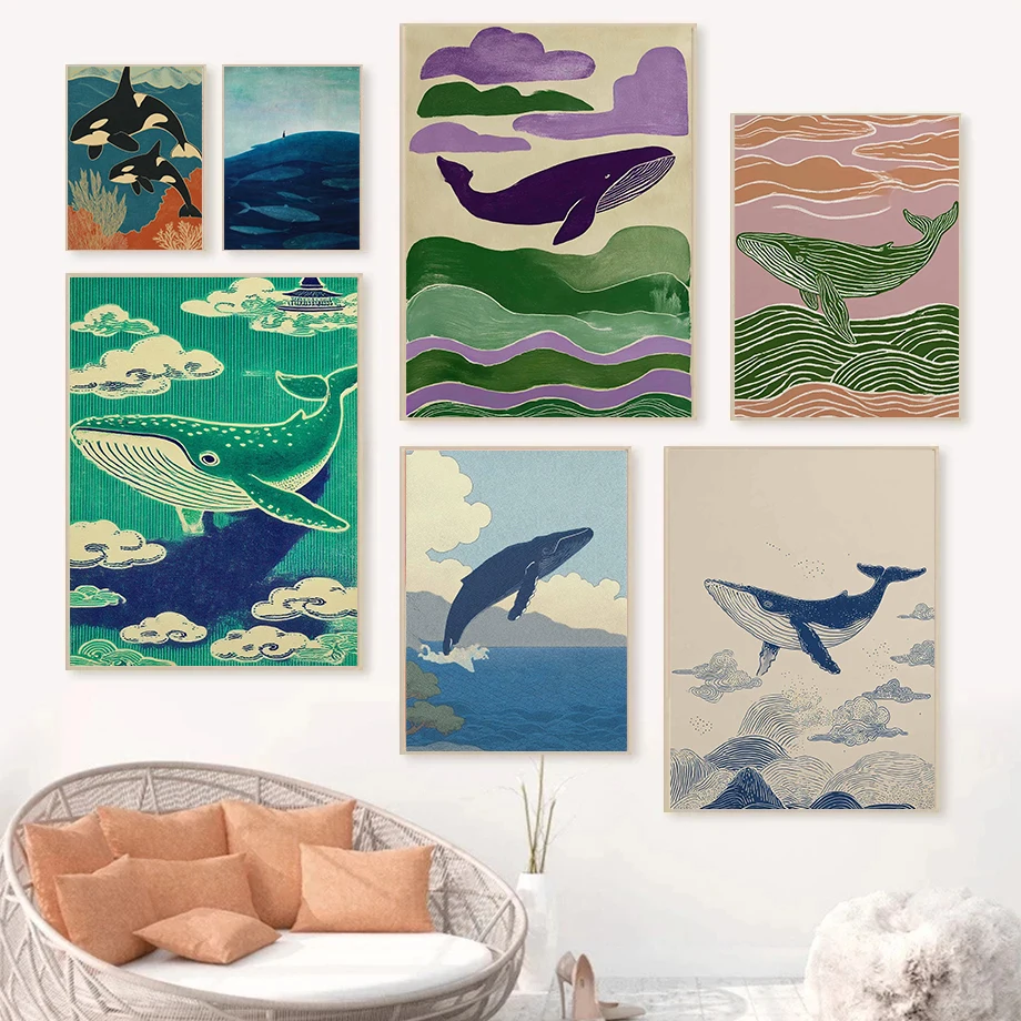 الحد الأدنى اليابانية الحوت الحياة البحرية الملصقات مجردة خط المطبوعات التقليدية حائط لوح رسم صور ديكور غرفة المعيشة المنزلي