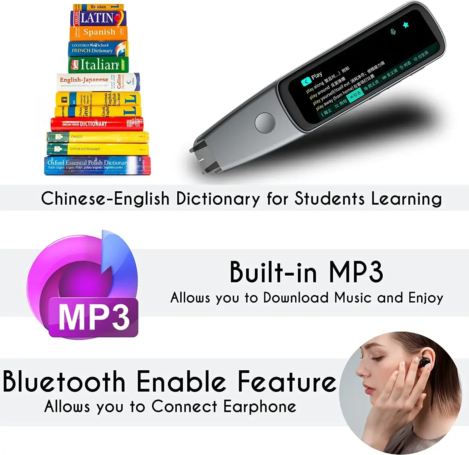 قلم قراءة صوت بلاستيكي ذكي مقاس 2.98 بوصة لعام 2026 112 لغة آلة تعلم عسر القراءة 54 لغة ترجمة مسح النص #3