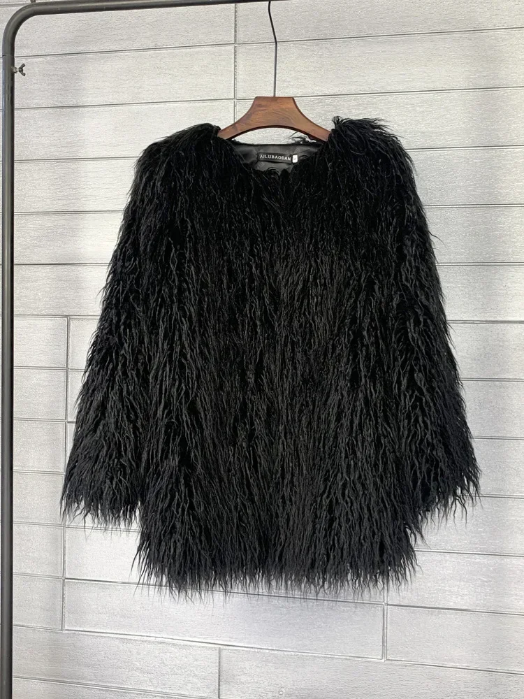 Mongólia pele de ovelha feminino médio longo casaco jaqueta colorida quente pele do falso casacos de pelúcia jaqueta feminina outono inverno peludo outerwear