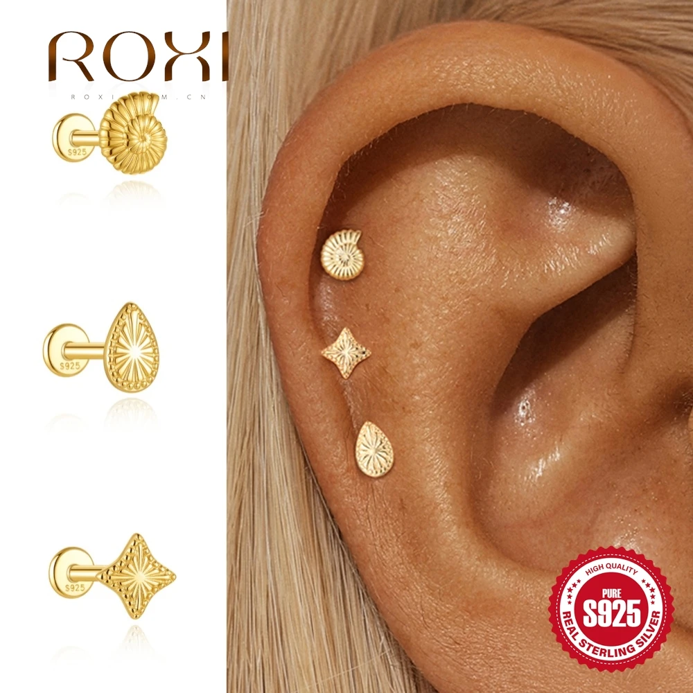 ROXI 925 Sterling Silver Glossy Surface Conch/Teardrop/Star Helix Stud Earring Women's Cartilage Flat Back Conch Piercing Gifts