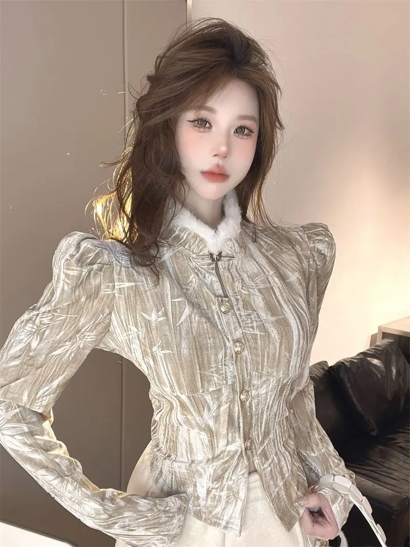 Korea Stand Collar Printing Cropped Women Shirt Design Metal Buttons Cardigan Fashion All Match Womens Tops