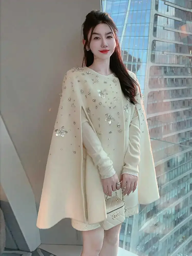 Luxury Winter White Poncho Jacket Women Elegant Chic Wool Cloak Coat Vintage Crystal Beaded woolen Cape Woolen Fashion Outwear