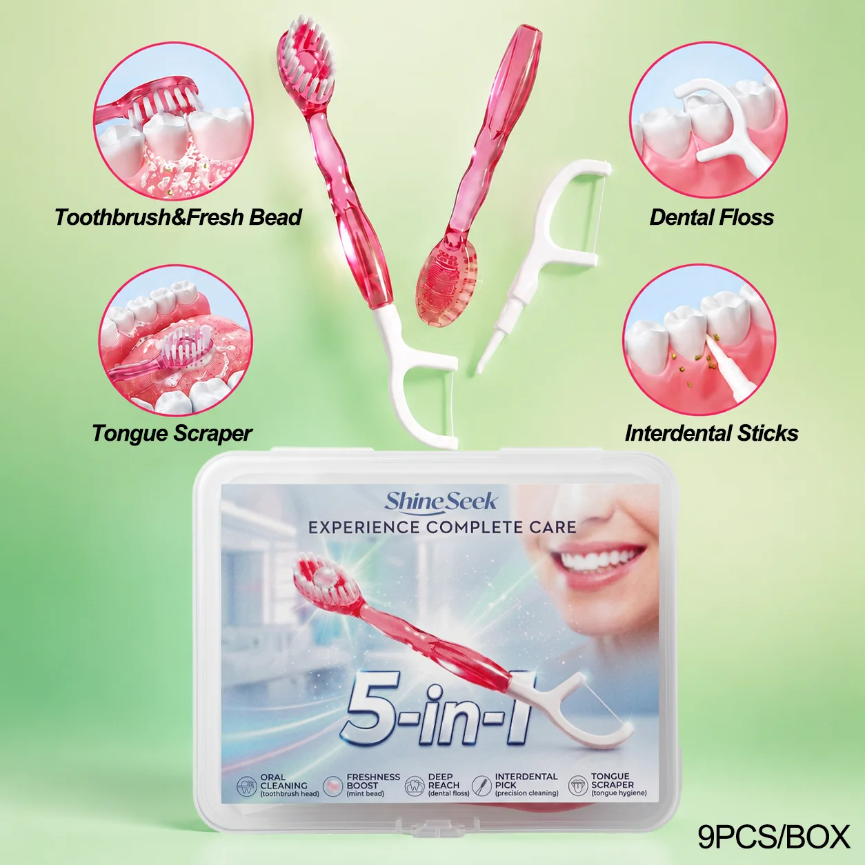 9-Piece Travel Refreshment Set, Multifunctional 5-in-1 Cleaning Toothbrush, Peach Mint Flavor, Freshener Beads + Toothbrush + Dental Floss + Interdental Cleaning Stick + Tongue Scraper, Five Key Features, Convenient and Soft, Soft Bristle Design, Teeth and Gum Care, Fresh Breath! Travel Pack | Individually Packaged | Soft | Mint Peach Flavor | Travel Toothbrush, the First Choice for Holidays and Trips