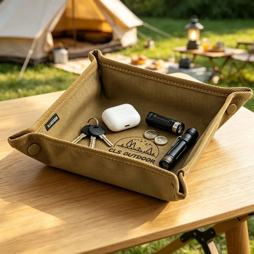 Portable Folding Camping Storage Tray Outdoor Square Desktop Organizer Tray Multifunctional Key Small Items Storage Box