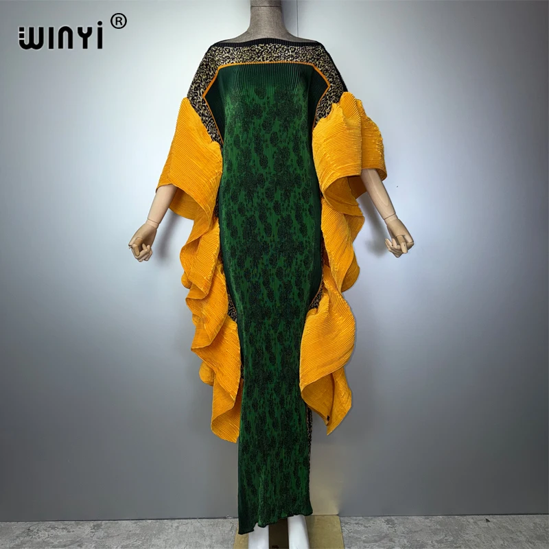 WINYI Slim Pleated Dress Elastic Boho Beach Cover up Holiday Kaftan Abaya for Muslim Women Luxury Party Evening Wear Dubai Style
