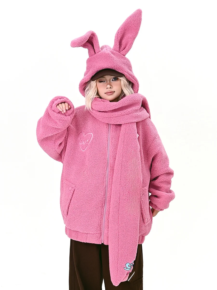 

Sweet Lamb Fur Rabbit Ear Hooded Jaet Women's Loose Korean Sle Cotton Coat Winter New Arrival Street Sle Zipper Sve