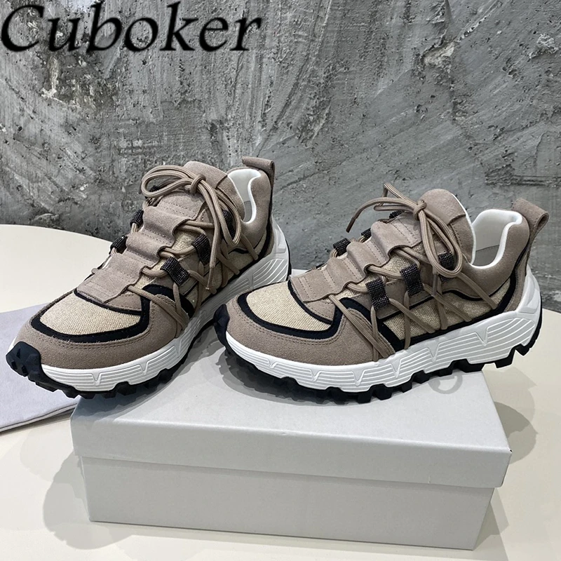 2024 Spring Thick Sole Lace Up Casual Sneakers Women Quality Round Toe Suede Flat Shoes Comfort Trainers Running Shoes Mujer