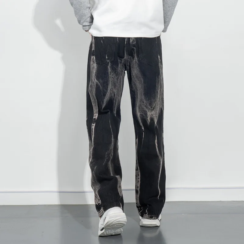 

Джинсы в стиле ретро для мальчиков и подростков, свободные широкие брюки, красивые черные длинные брюки американского уличного хулигангана