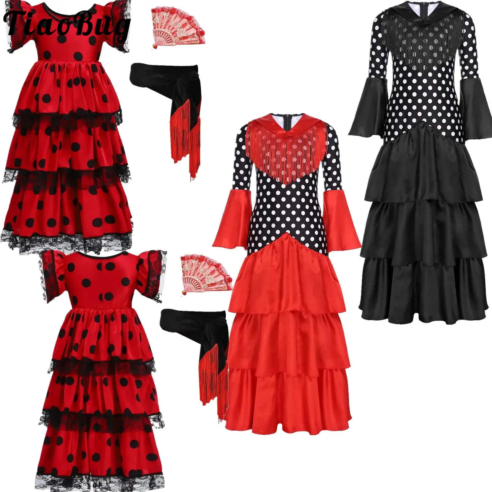 Kids Girl Spanish Flamenco Dress Costume Fly Sleeves Polka Dot Layered Ruffled Dress Ballroom Waltz Dancing Tutu Halloween Dress