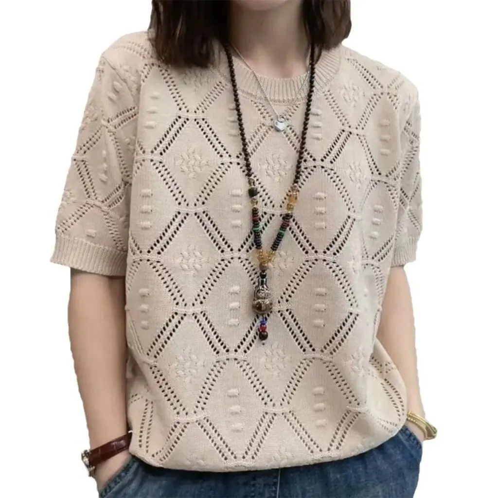 

Summer Sweater for Women Thin Short-Sleeved Crewneck Loose Fit Trendy Hollow Top All-Match Half-Sleeved Open Cardigan