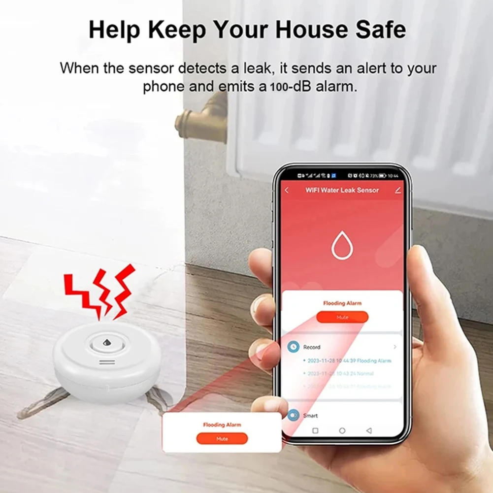 

AU61-Tuya Wifi Flood Sensor Smart Life App Water Leak Sensor Detection Loudly Sound Alarm Linkage Alert Application