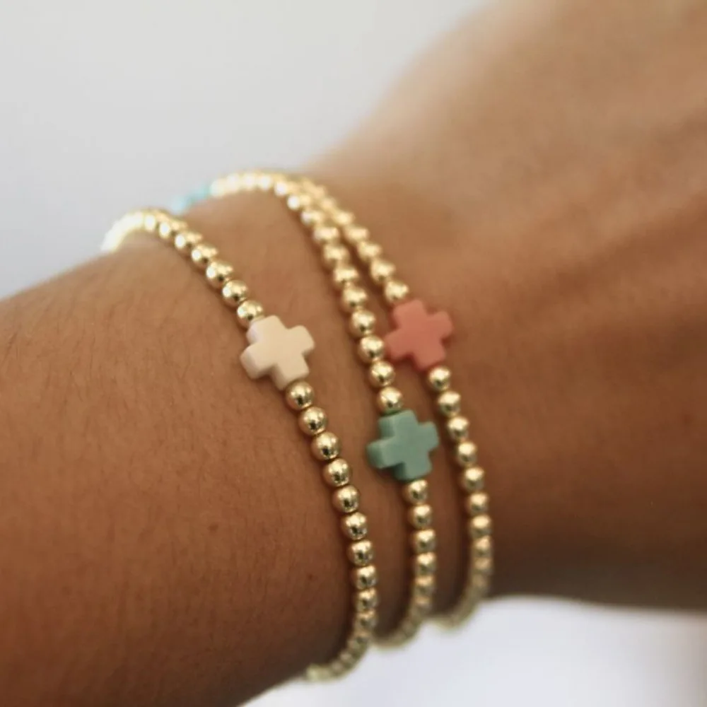 1PC Bohemian style women\'s bracelet with colorful cross copper beads and bead beads, suitable for layering and daily gift giving