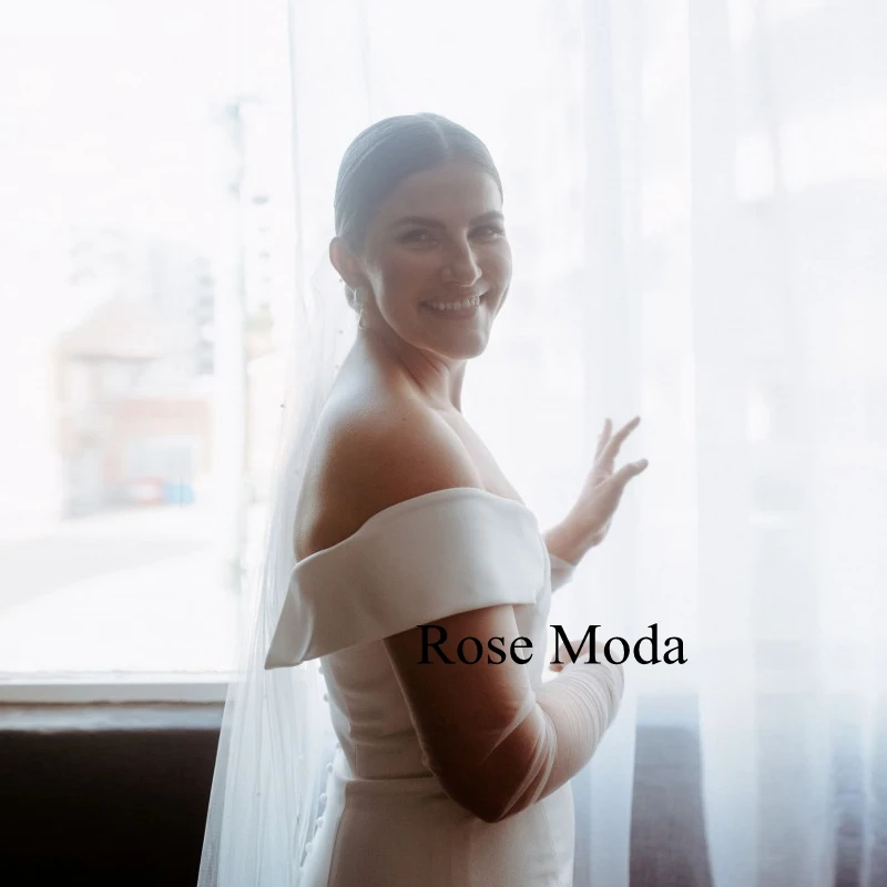 Rose Moda Simple Off the Shoulder Long Sleeves Sheath Wedding Dresses Destination Bridal Gown Custom Make Real Photo