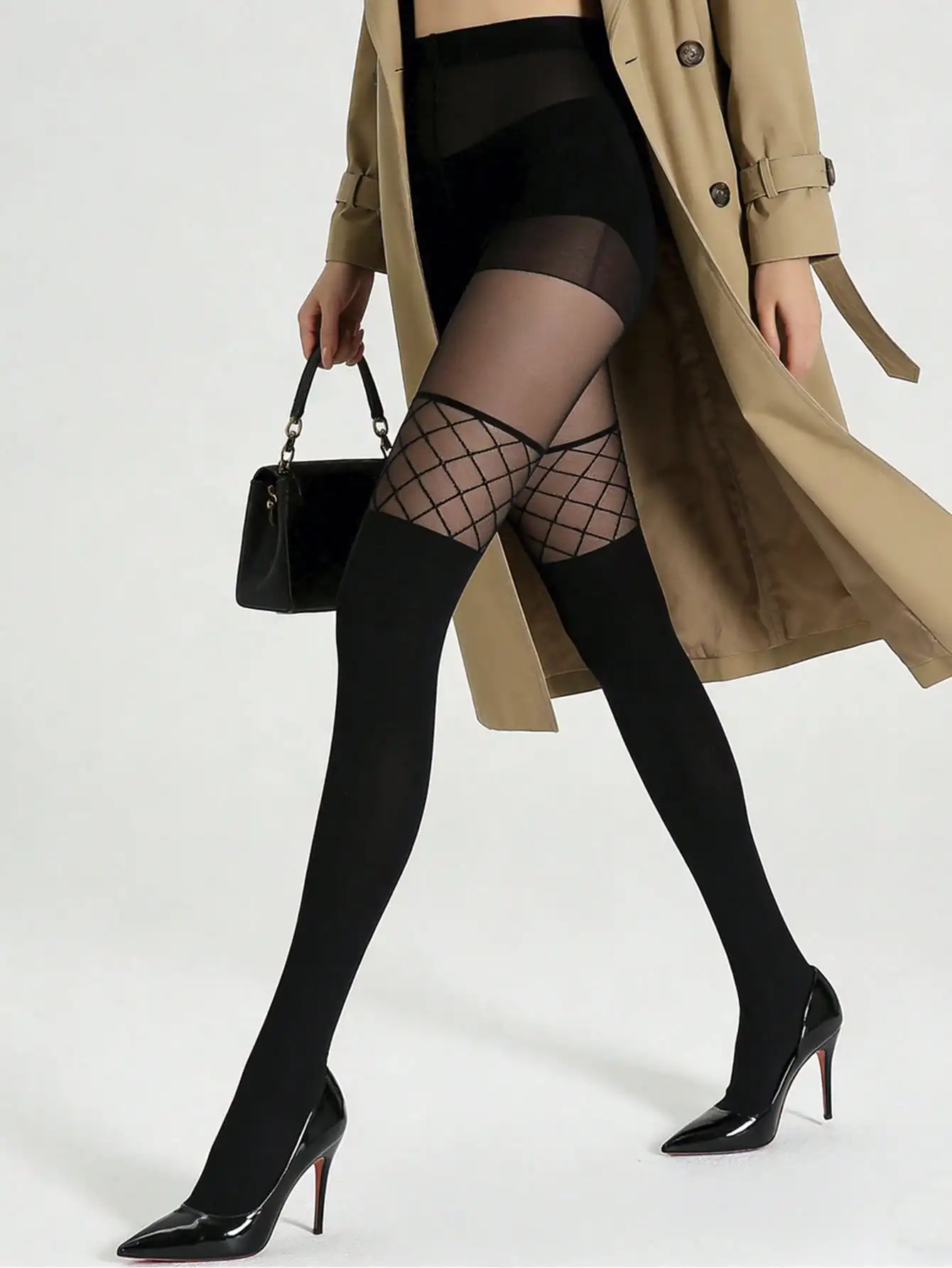 1 Pair Women Black Sheer Grid Pattern Nylon Pantyhose, Ultra