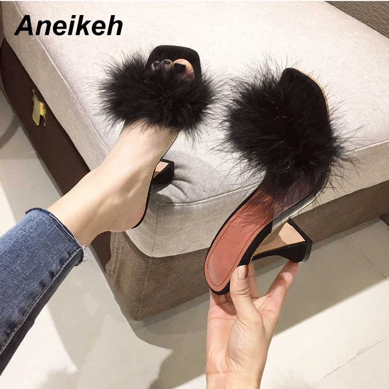 Aneikeh Fashion Fluffy Slippers Slides Women Square head Peep Toe Slip on Sandals Spike Heels Elegant Comfortable Ladies Shoes