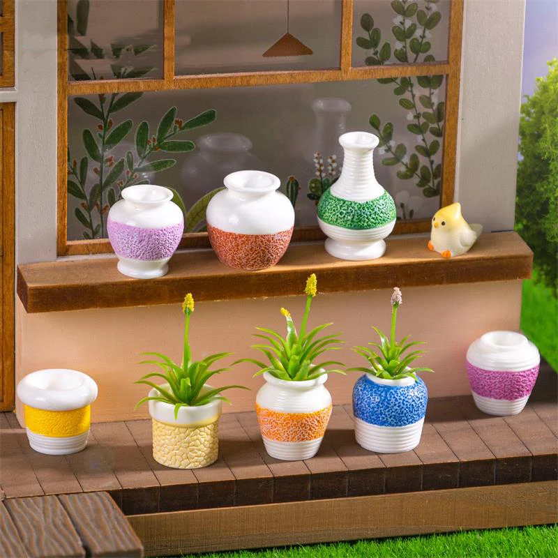 [JN] 5 pezzi carino casa delle bambole giocattolo in miniatura vaso con motivi colorati modello casa decorazioni fai da te bambini giocano giocattolo micro