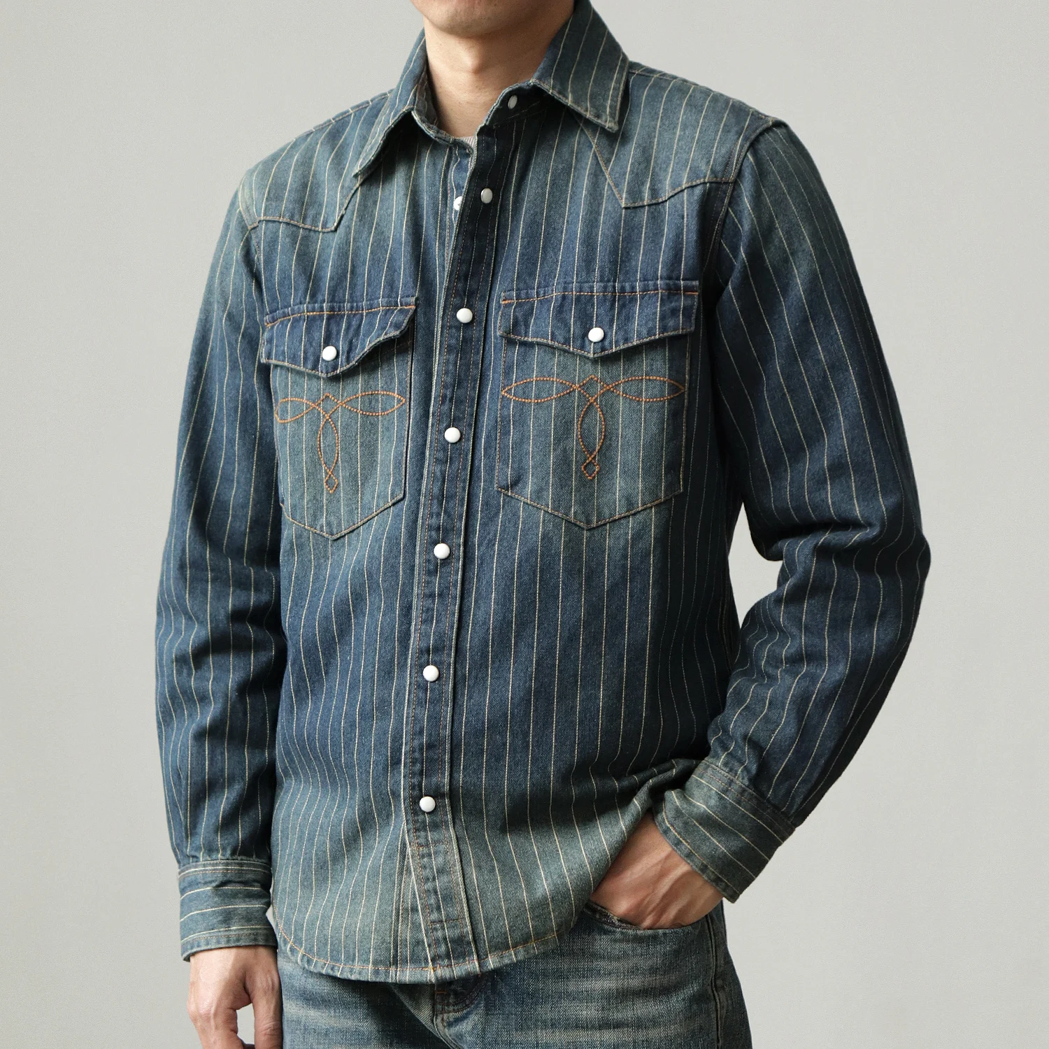 Vintage denim shirt men washed to do old tooling striped casual May Khaki spring and autumn long sleeve shirt