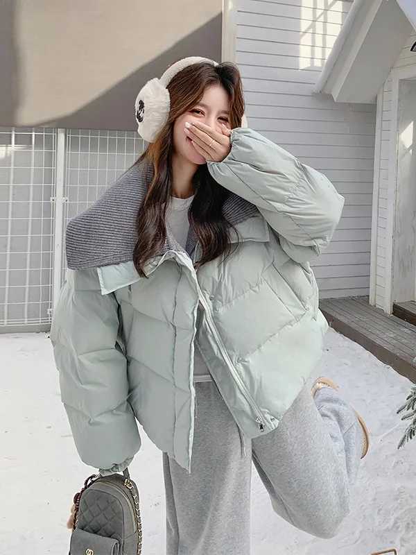 니트 여성용 패딩 재킷 브레드 슬레 겨울 따뜻한 아우터웨어 패션 디자인 캐주얼 루즈핏 화이트 다운 필