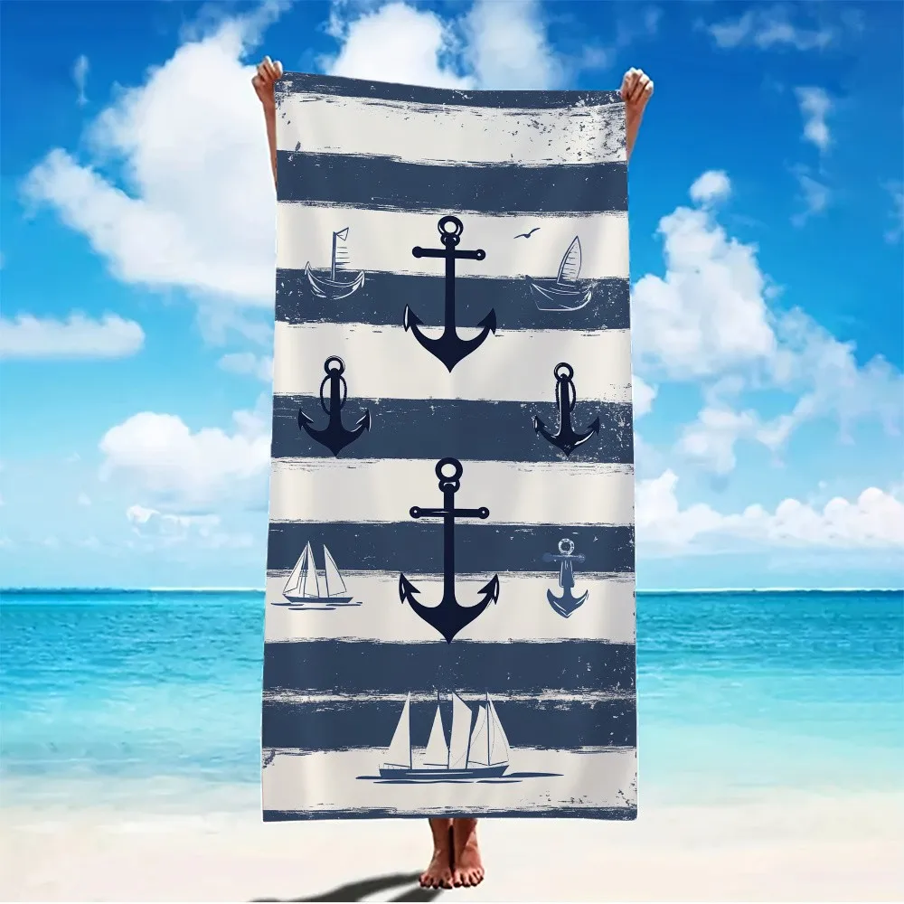 Nautical Anchor Sailboat Striped Beach Towel Patterned Sunscreen And Windproof Suitable For Swimming Pool Camping Travel Blanket