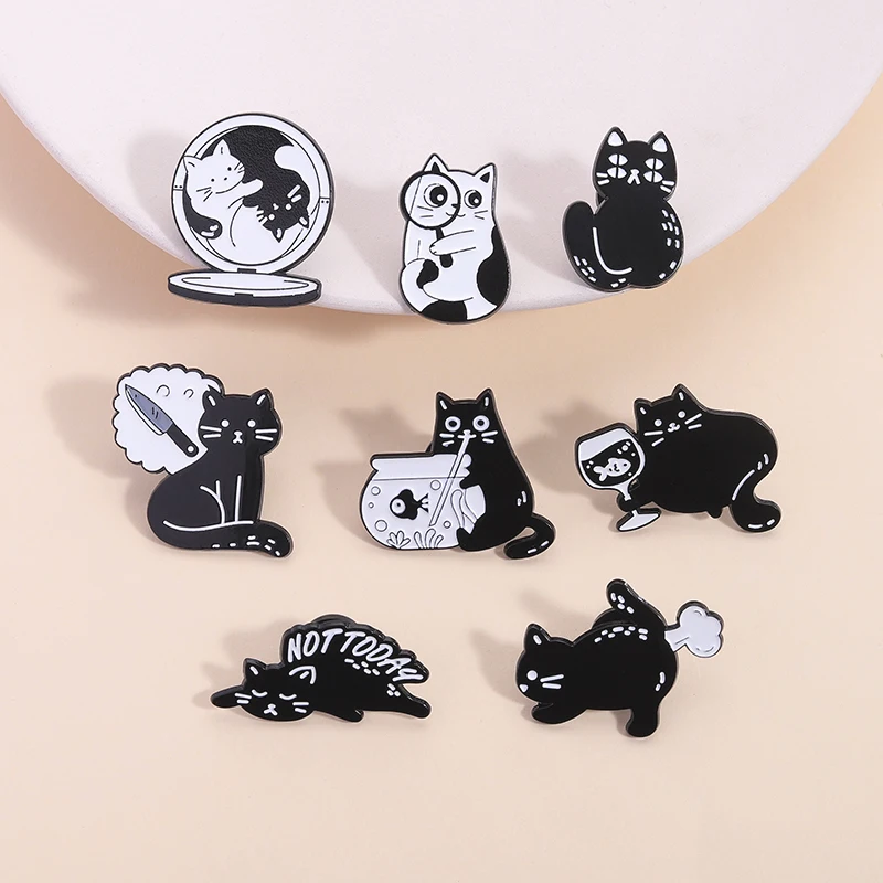 Cute Black Cat Enamel Pins Not Today Sleep Kitten Magnifying Glas Naughty Cats Aniaml Brooches Lapel Badge Funny Jewelry Gifts