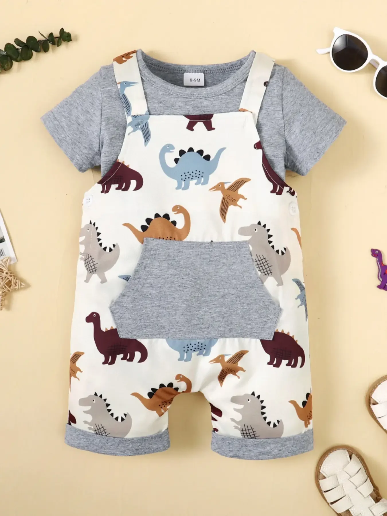 Summer Newborn Infant Baby Boys Short Sleeve T Shirt Dinosaur Print Jumpsuit With Straps 2pcs Baby Clothing