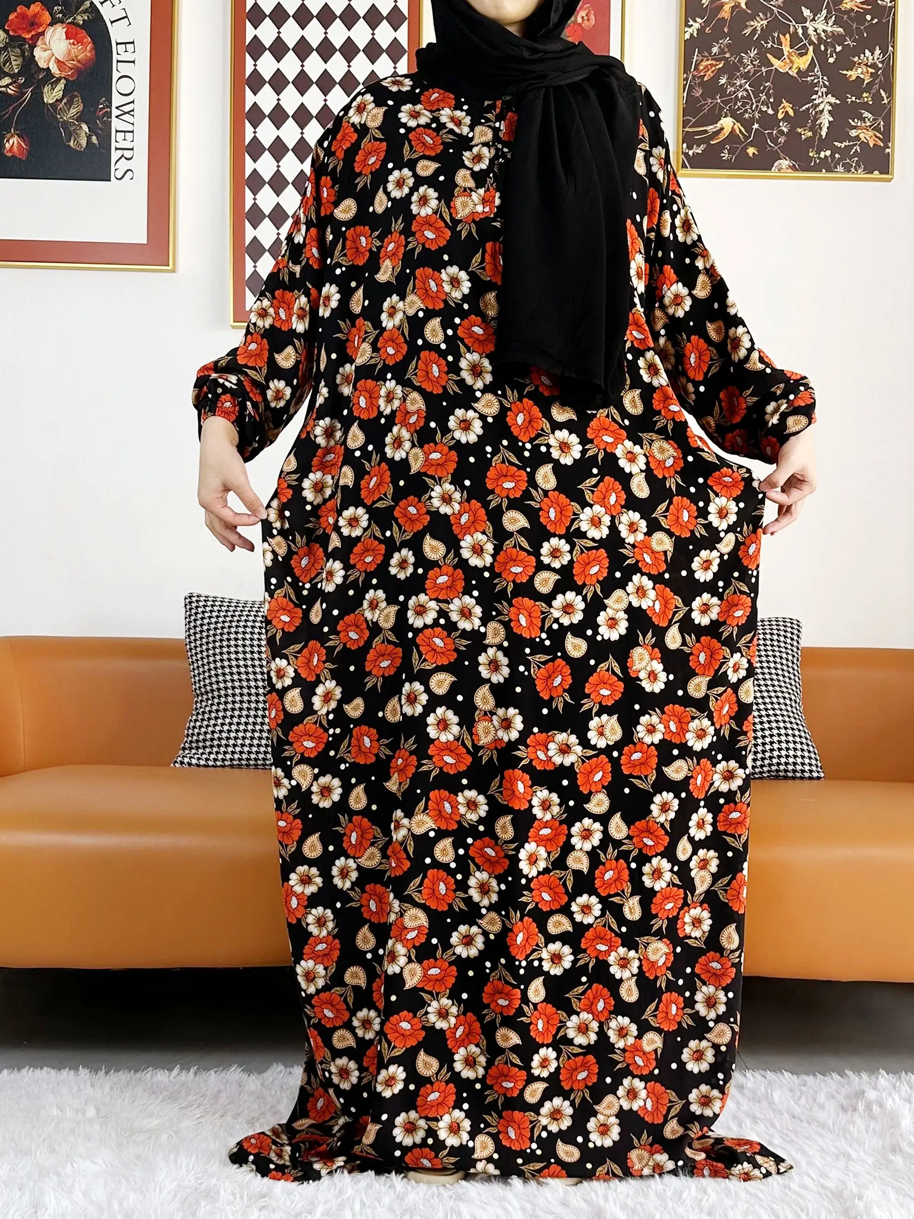 2023  Muslim Rayon Abayas Color Pitch Ramadan Prayer Dubai Turkey Middle East Femme Robe Floral Loose African Dress Turban Joint