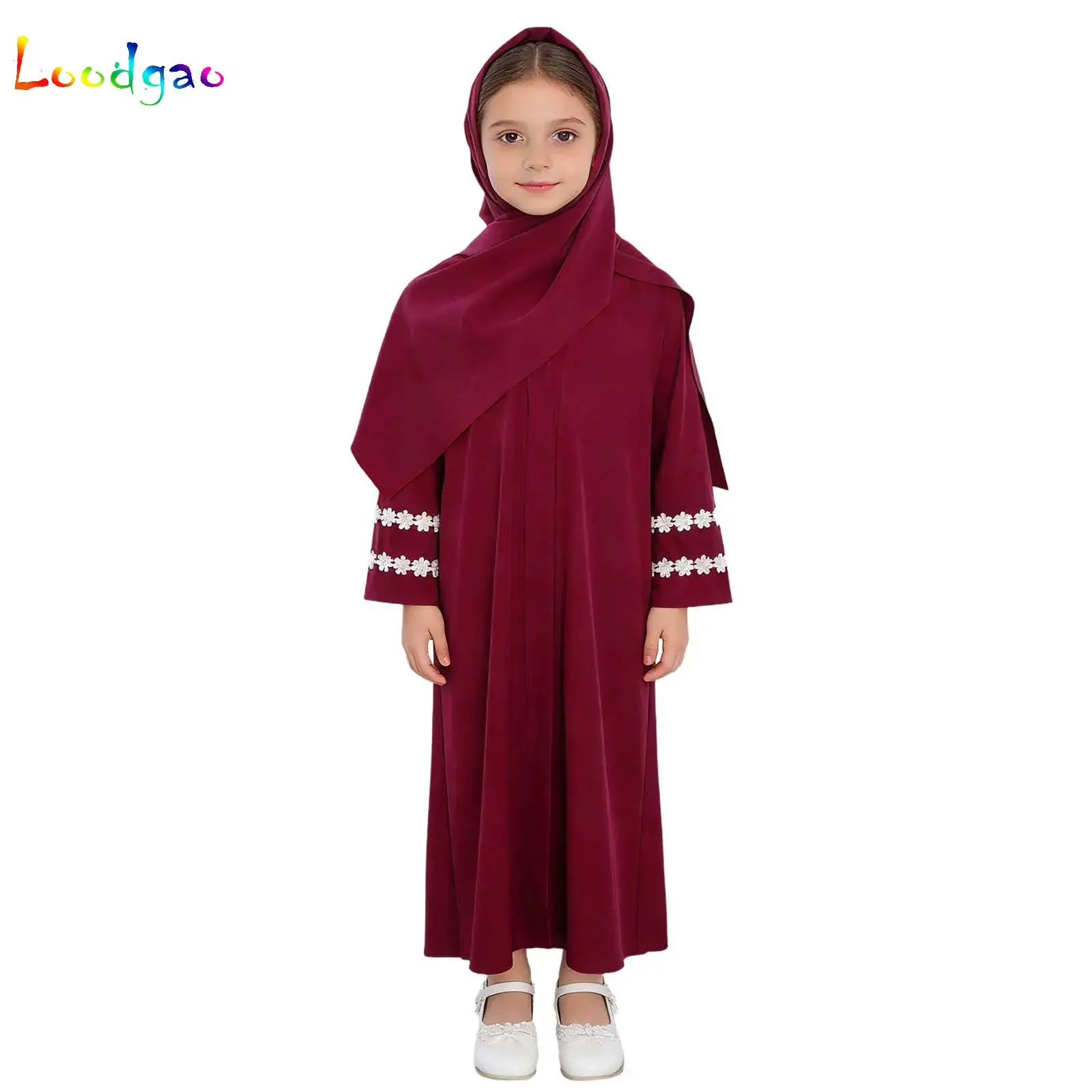 

Kids Girls Muslim Ramadan Outfits Muslim Split Abaya Dress Girls Loose Lace Trim Long Sleeves Robe With Hijab Scarf Clothes Set