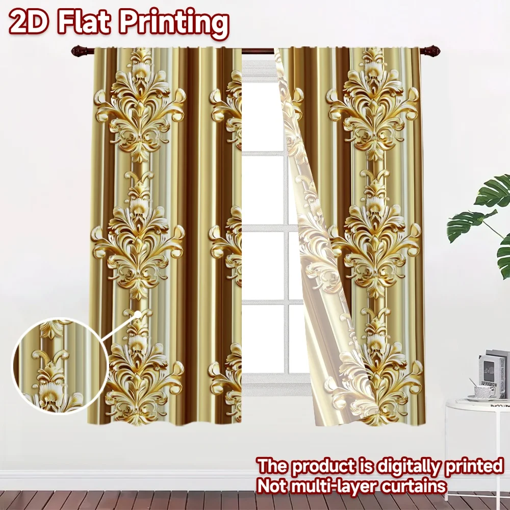 2D flat 2pcs Curtain Retro Country Style Gold Damask Stripes Durable polyester fiber Party & Holiday Decor Perfect for Holiday