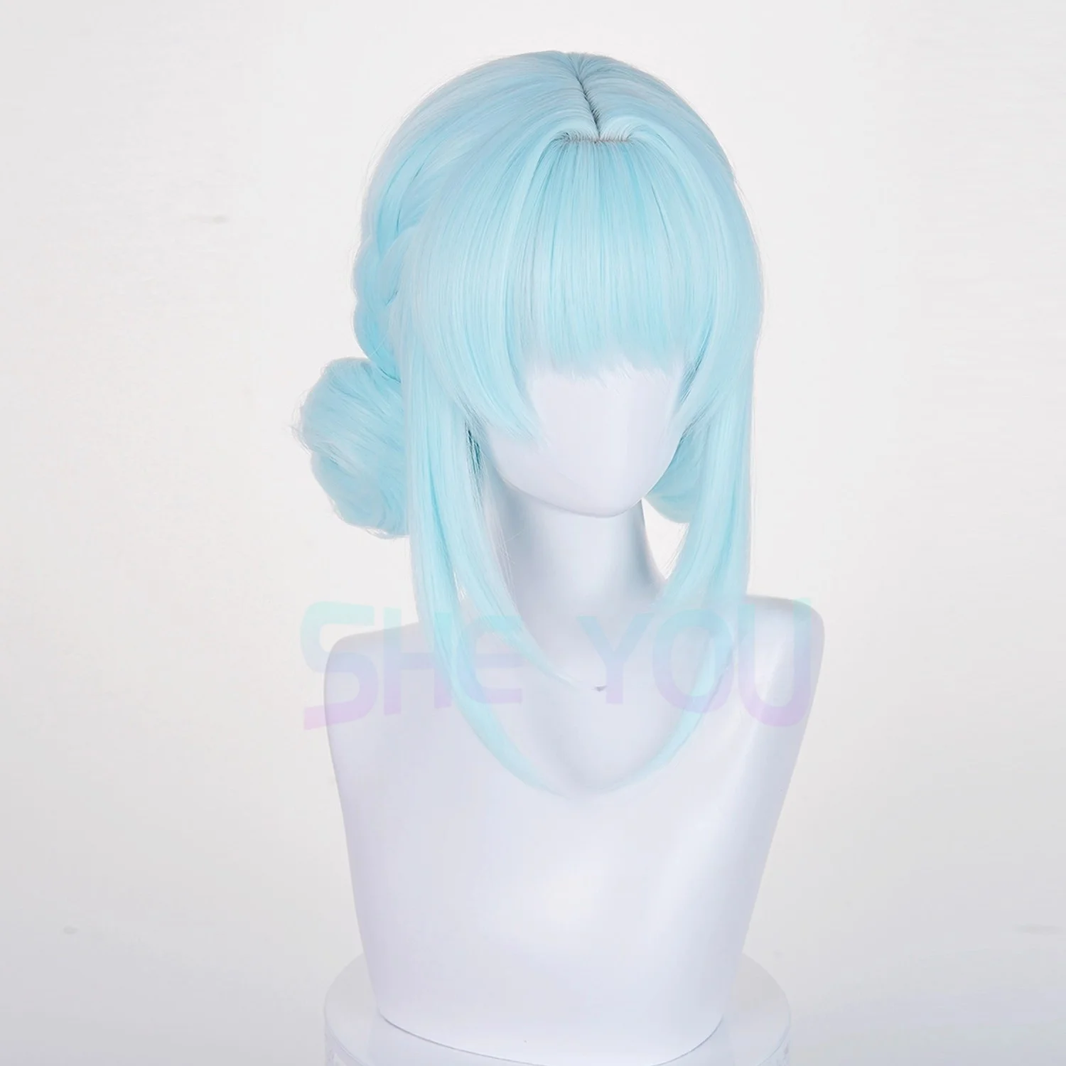 อะนิเมะ Ineffa คอสเพลย์วิกผมสีฟ้า Buns 30 ซม.คอสเพลย์วิกผมสังเคราะห์ทนความร้อนผมฮาโลวีน + หมวกวิกผม