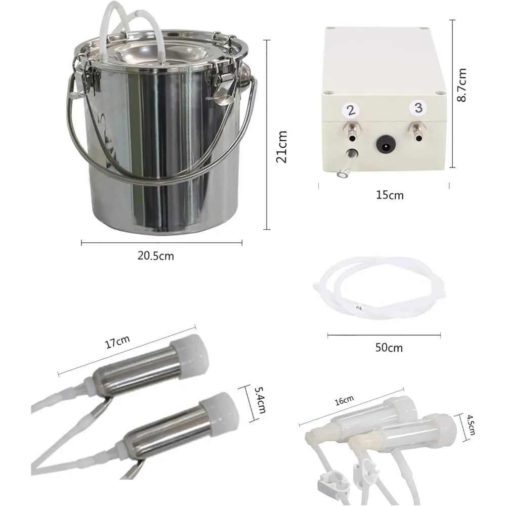 Electric Milking Machine, 7L Vacuum Pulsation Pump Milker, with 2 Teat Cups Stainless Steel Bucket, Goat Milk Pump