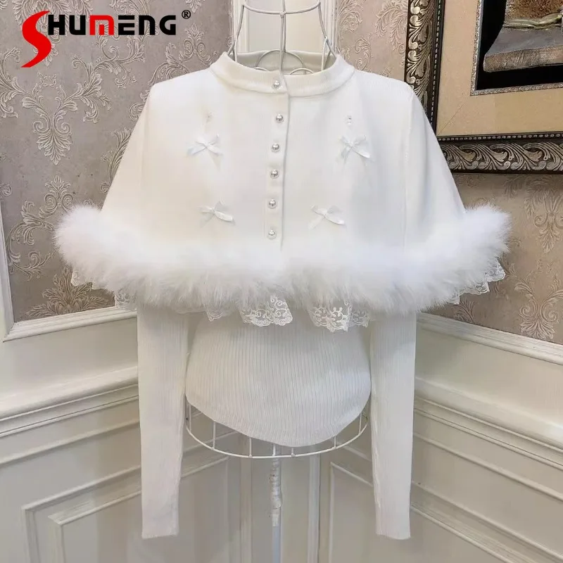 

Japanese Lolita Plush Imitation Fox Fur Cape Lace Slim-fit Knitted Sweater Two-piece Top Cloak Knitwear Women's Kawaii Clothes