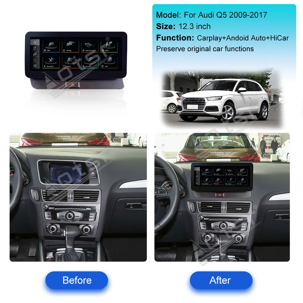 12.3 ''أندرويد 13 لأودي Q5 2009-2017 قاعدة الكسوة سيارة لتحديد المواقع والملاحة اللاسلكية CarPlay HD شاشة تعمل باللمس رئيس وحدة راديو Aoto #1