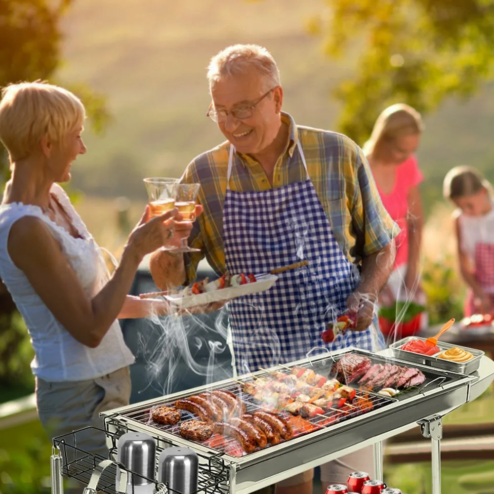 

Premium Foldable Stainless Steel Charcoal BBQ Grill – Portable, Large Cooking Area & Non-Stick Pan Included