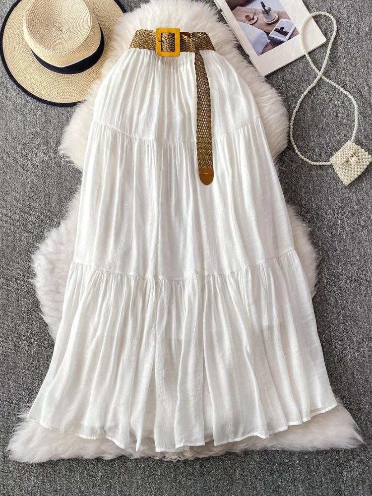 White Casual High Waist Midi Skirt Women's Spring Summer A-Line Cake Skirt Flared Hemline Korean Sle Inner Lined
