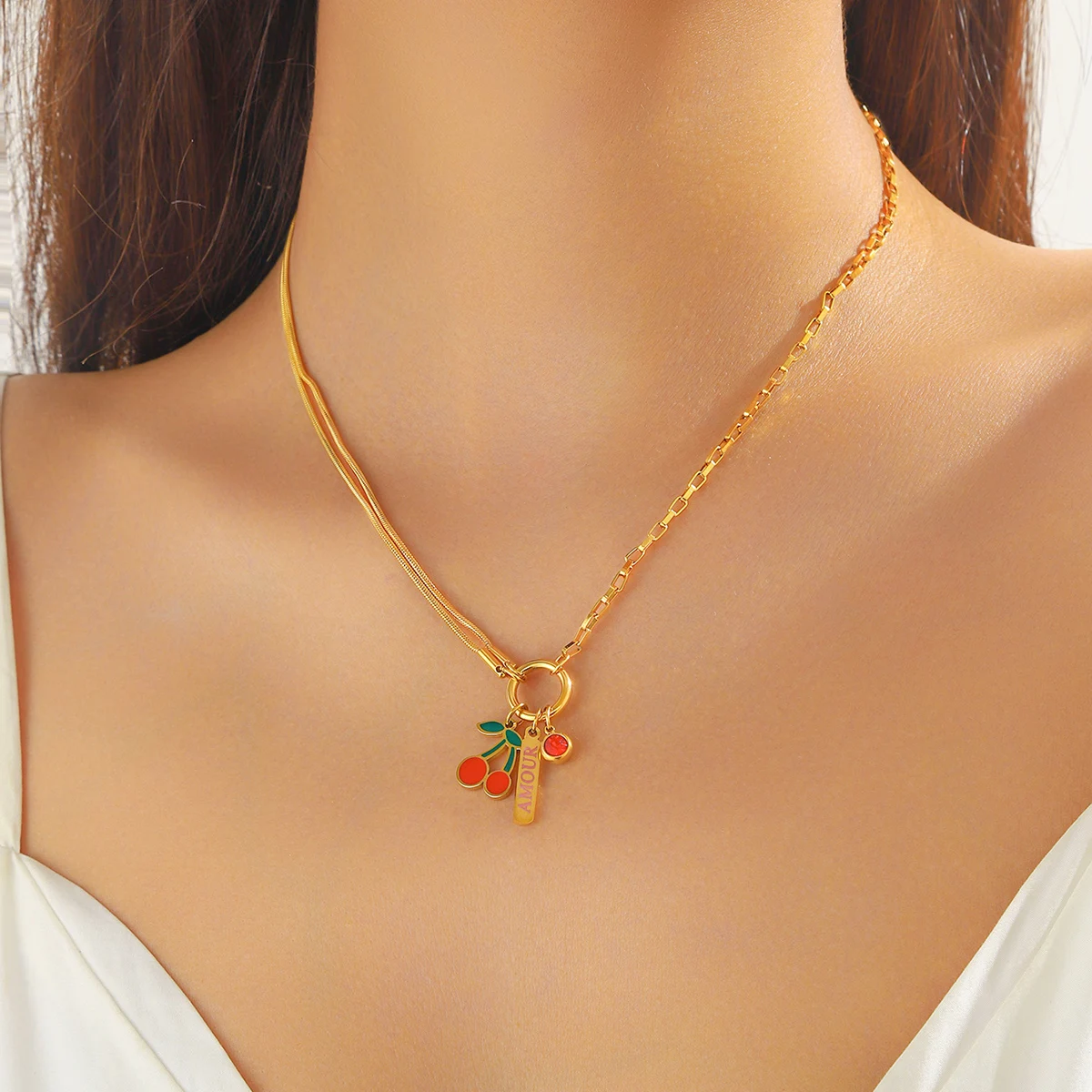 LAMENGLY 316L Stainless Steel Dopamine 5-Leaf Flower Bow Sun Heart  Cherry Necklace Women\'s Novel Chic Neck Chain Holiday Gifts